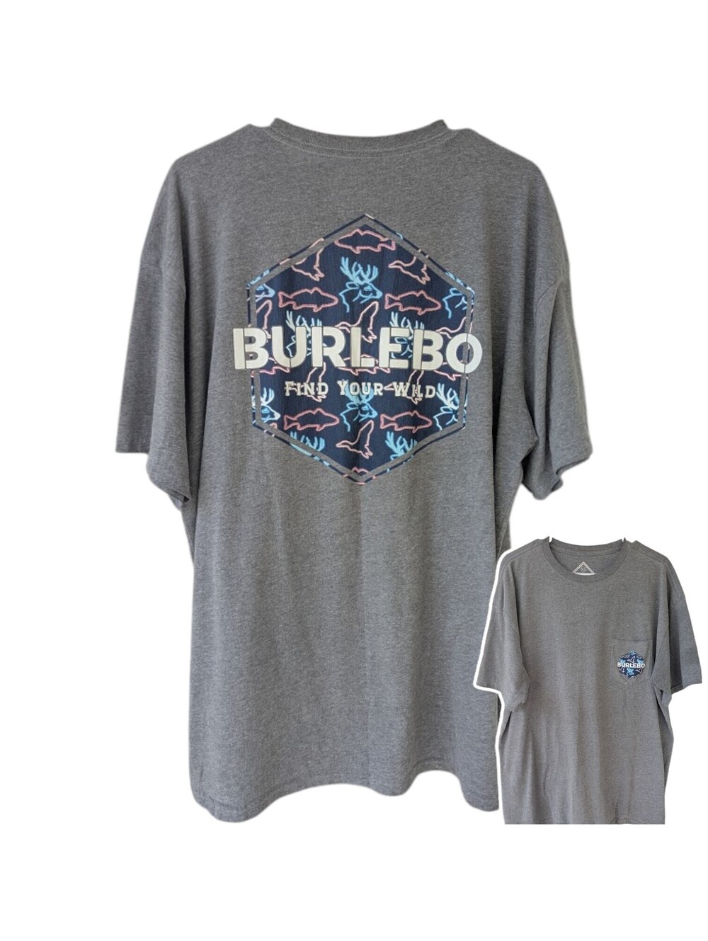 Burlebo Pocket T-Shirt XL Heather Gray Deer Fish Outdoor Graphic Tee 24.5x29.5